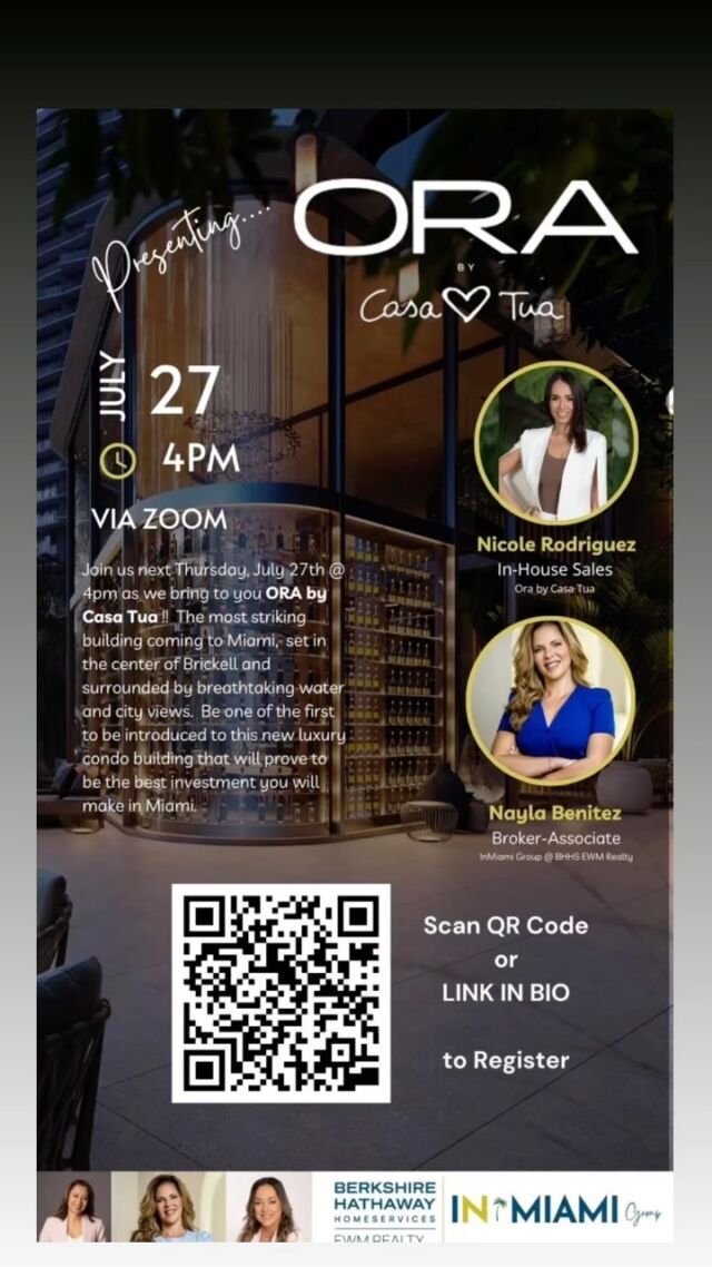 Join me as we present via Zoom Ora by Casa Tua - 
Tomorrow Thursday,  July 27th @ 4pm 

The most striking building coming to Miami, set in
the center of Brickell and surrounded by breathtaking water and city views. Be one of the first to be introduced to this new luxury condo building that will prove to be the best investment for flexible (Airbnb)luxury rental you make in Miami. 
Studios -4 bed units

This is a Zoom /online presentation. Must register to get access. 
 
https://inmiamire.com/zoom-registrations/?bootscache_1
#orabycasatua #preconstruction #brickellcondos #brickellpreconstruction #airbnbmiami #investinmiami #airbnb #movetomiami #brickell #miamiinvestments #highrise #condoliving #zoompresentation #m2atelier